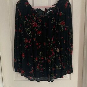 Time and Tru Black Floral Peasant Blouse with Red and Green Accents